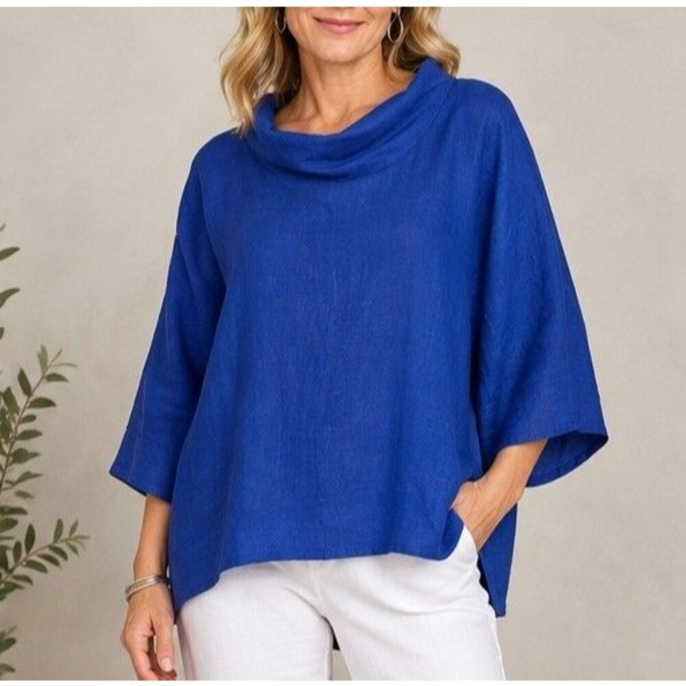 LINTICO Blue 100% Linen Boxy Dolman Cowl Neck Top - L